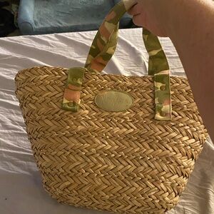 Neiman Marcus Woven Straw Tote with Camouflage Handles